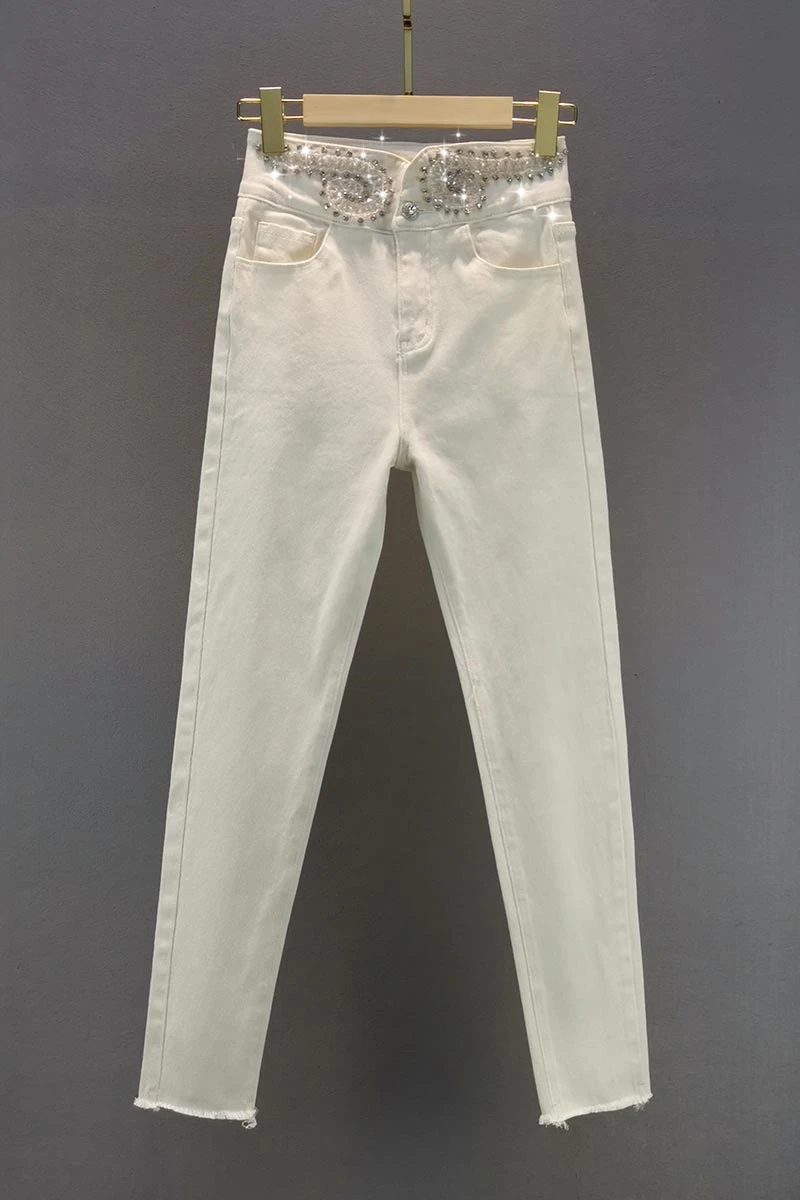 

2021 Spring New Elastic High Waist Ins European White Diamond Jeans Hot Drilling Women's Fashion Denim White Pencil Pants