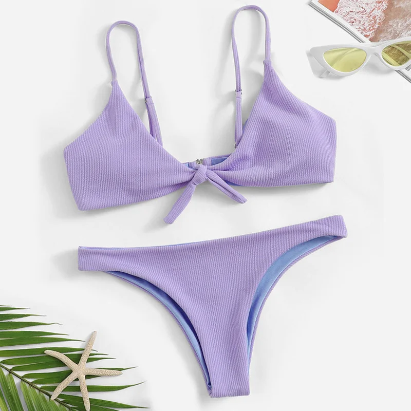 

Sexy Ribbed Swimsuit Female Bandeau Bikini Set 2021 Solid White Purple Swimwear Women Swimming Suit Bathers Bathing Suit New