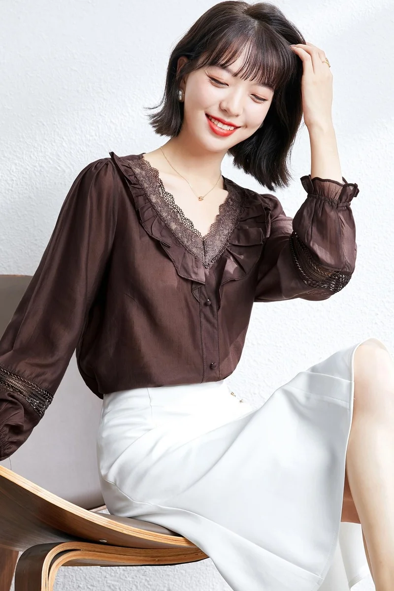 

Houthion Women Bluasa Casual Shirt Splicing V-neck Chiffon Slim Fashion Blouses Comfortable New Long Sleeve Tops