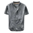 Рубашка мужская повседневная на пуговицах, модная блузка из льна и хлопка, модная однотонная, с коротким рукавом, лето 2021