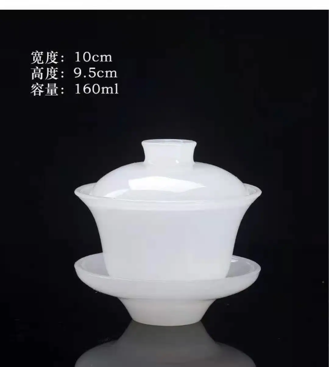 

Jade Porcelain Cover Teacup Large Three - Piece Tea Bowl Thick Glaze Jade Kung Fu Tea Set Teapot Tea Serving Cup