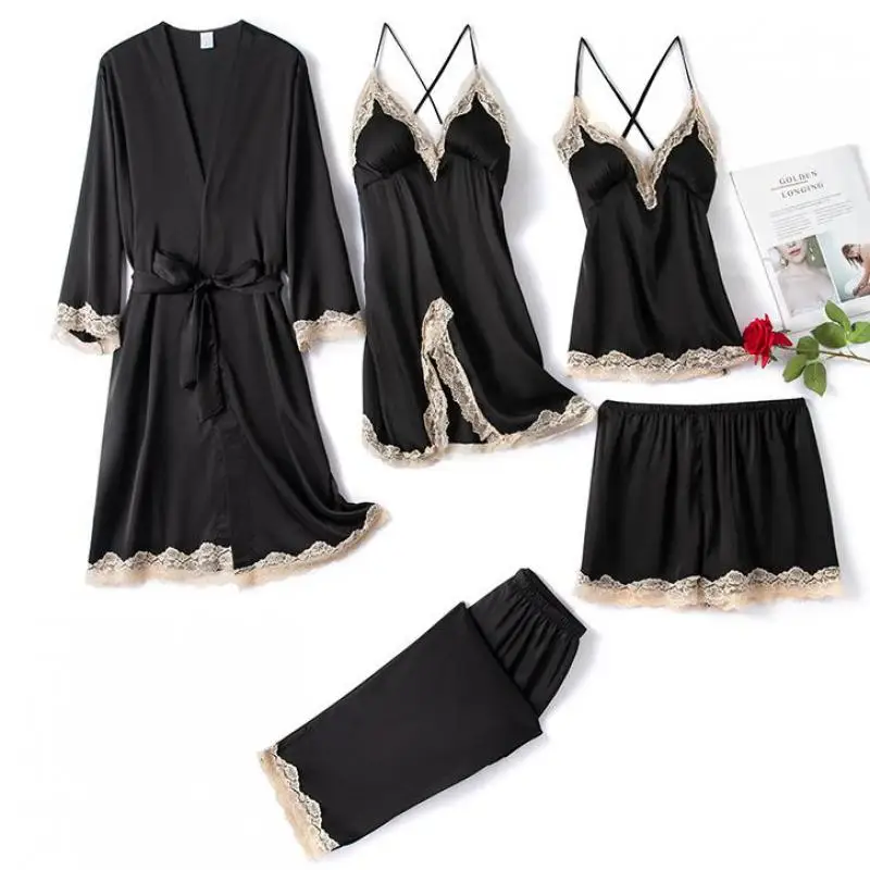 

Sexy 5PCS Kimono Robe Suit Women Sleepwear Lace Sleep Set Casual Nightwear Intimate Lingerie Spring Autumn New Home Clothing