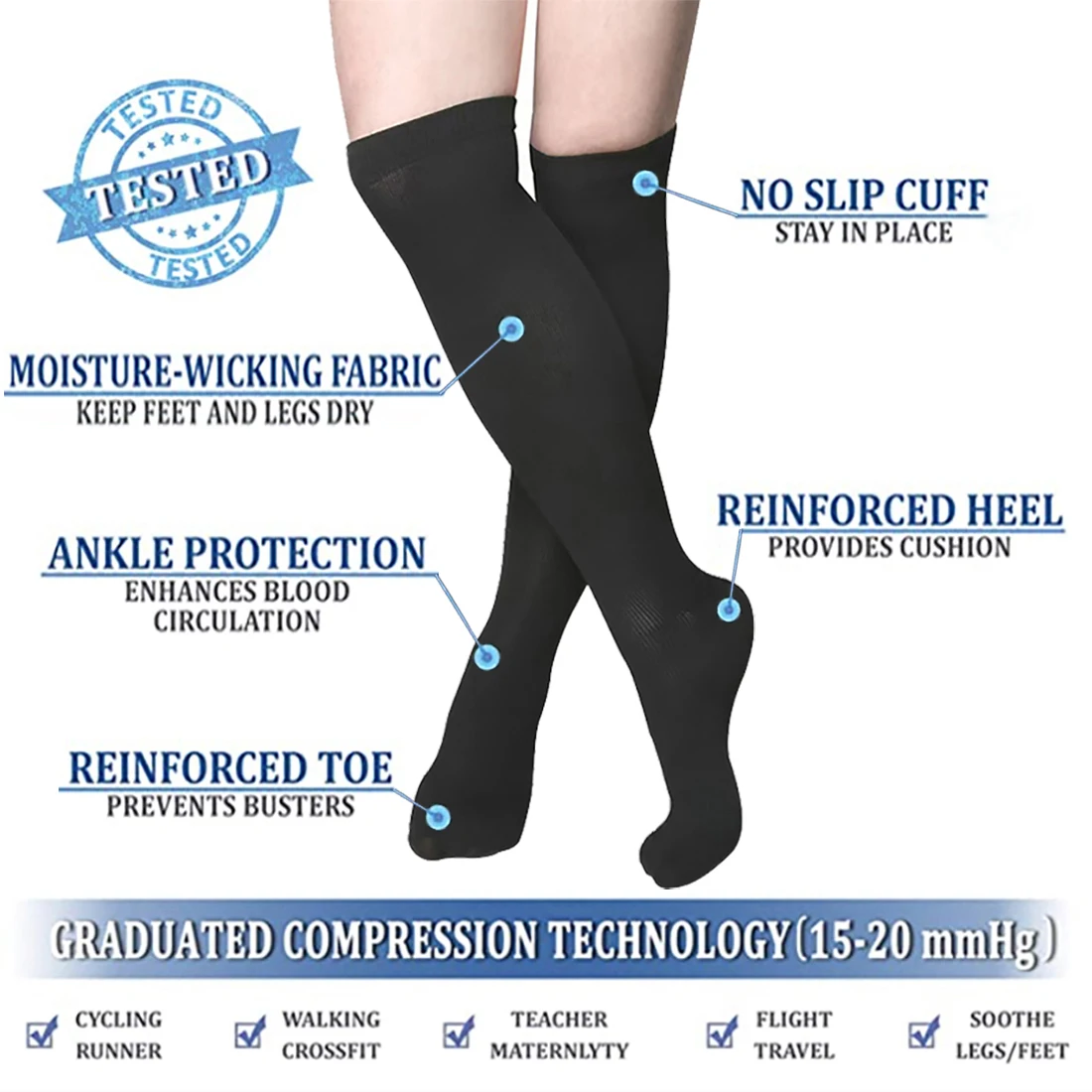 8 Pairs Compression Stockings Socks Pack Women Men 15-20mmHg Circulation Support Running Sport Marathon Cycling Varicose Veins