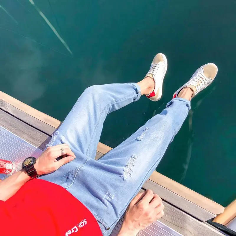 

Hip Hop Sweatpants Skinny Denim Pants 2019 Summer Autumn Mens Casual Streetwear Zipper Ripped Jeans Trousers