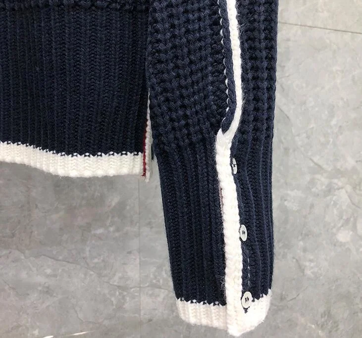 

2021 Fashion Brand TB Sweaters Men Slim Turn Down Collar Cardigans Clothing Striped Wool Solid Thick Autumn Winter Casual Coat