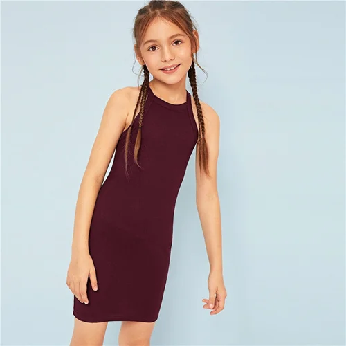 Burgundy SHEIN Kiddie/красное платье в горошек с рюшами и открытыми плечами для девочек г. летнее расклешенное платье до колена с короткими рукавами для отдыха в стиле бохо - Цвет: Burgundy