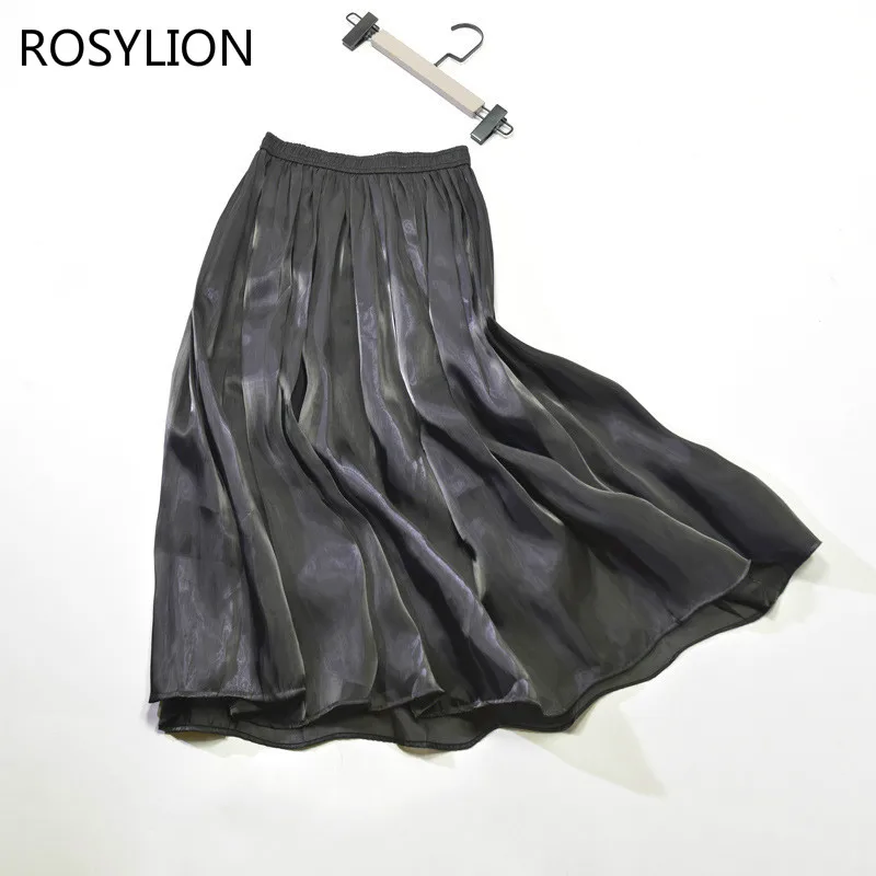 Женская плиссированная винтажная юбка черная шелковистая длинная блестящая