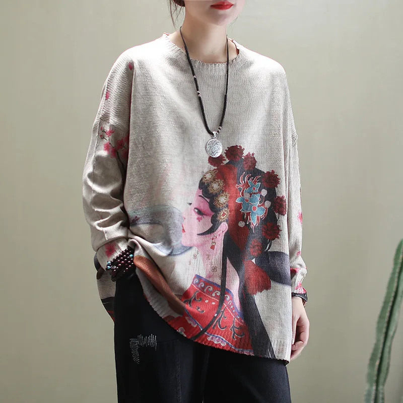 

Women Cotton Linen Knitted Shirts Autumn Long Sleeve Vintage Pullover Tops Female Casual Oversized Sweaters Tops Blusas De Mujer