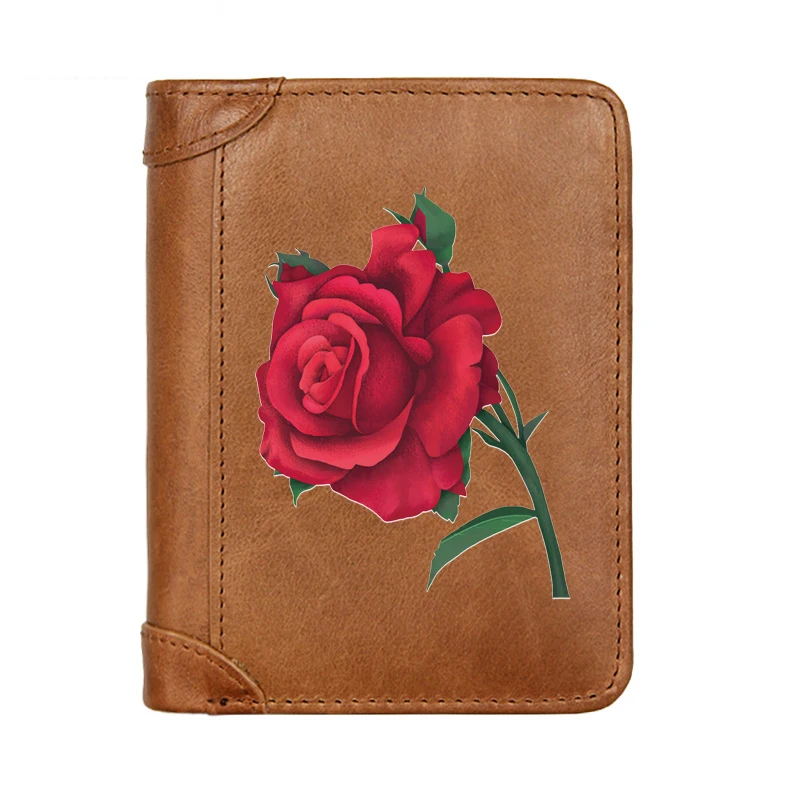 

Vintage Luxury Noble Rose Printing Male Genuine Leather Wallets Men Wallet Credit Business Card Holders Purses Women Quality