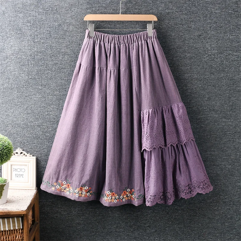 

Autumn New Mori Sweet Women's Elastic Waist Skirt Hollow Flower Stitching Embroidered Corduroy Skirt Femail Daily Wear HT5025