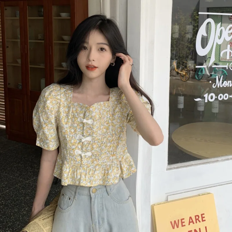 

Shirts Summer New Style Gentle Wind Temperament Floral Square Neck Blouse, Ladies Design Sense Niche Short Short-sleeved Shirt