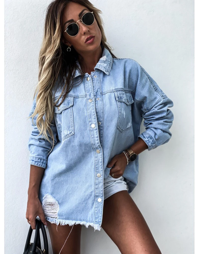 Long Sleeve New Fashion Women Denim Shirt Ripped Top Chest Pocket Rough Hem Casual Party Lapel Neck Loose Soft Shirts Coats | Женская