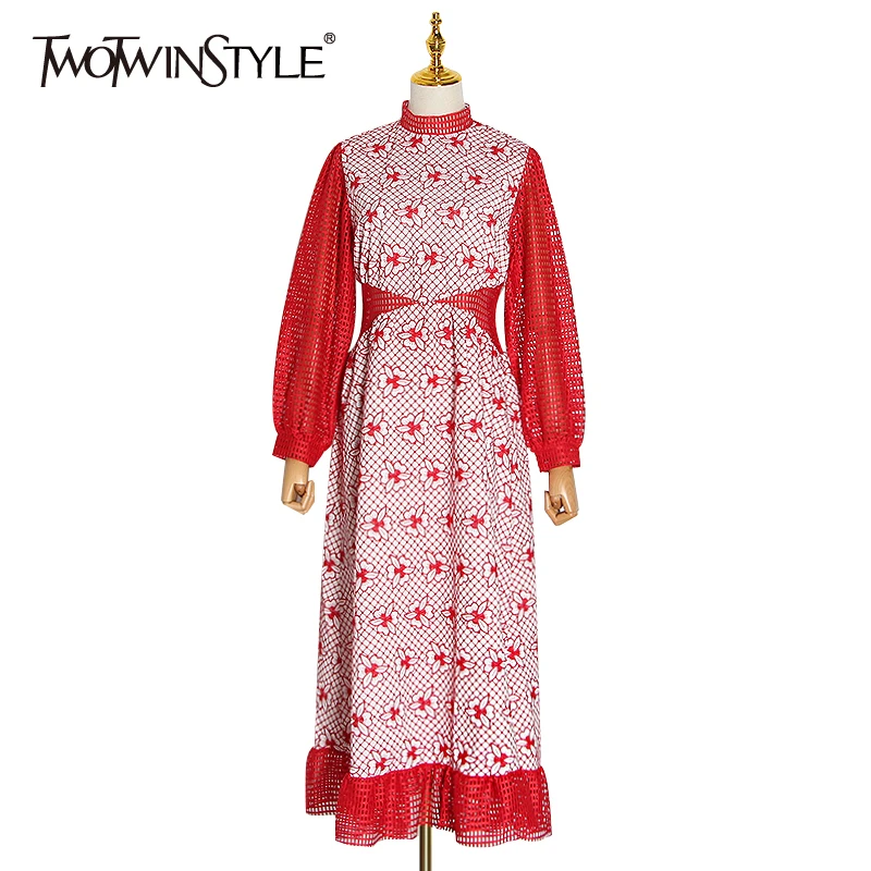 Женское Сетчатое платье TWOTWINSTYLE свободное с воротником стойкой длинными рукавами