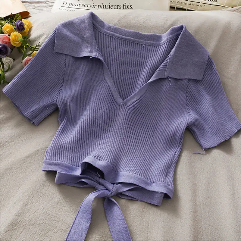 Укороченный топ женские рубашки-поло летняя футболка с коротким рукавом Женская