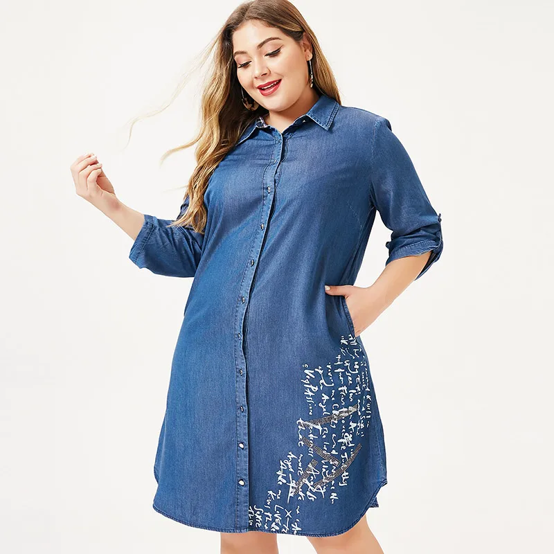 Демисезонное женское джинсовое платье рубашка MK 2019 большого размера модные