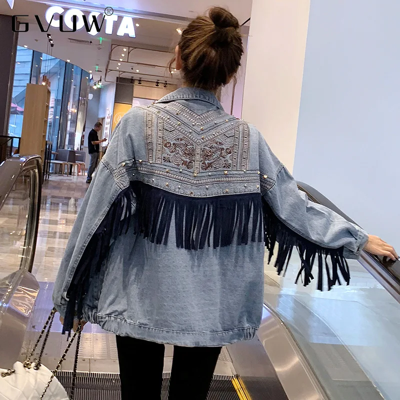 

GVUW Denim Jacket Korean Floral Embroidery Suede Fringe Loose Chaquetas Mujer Coat Long Sleeve Outerwear Veste Femme KB01214