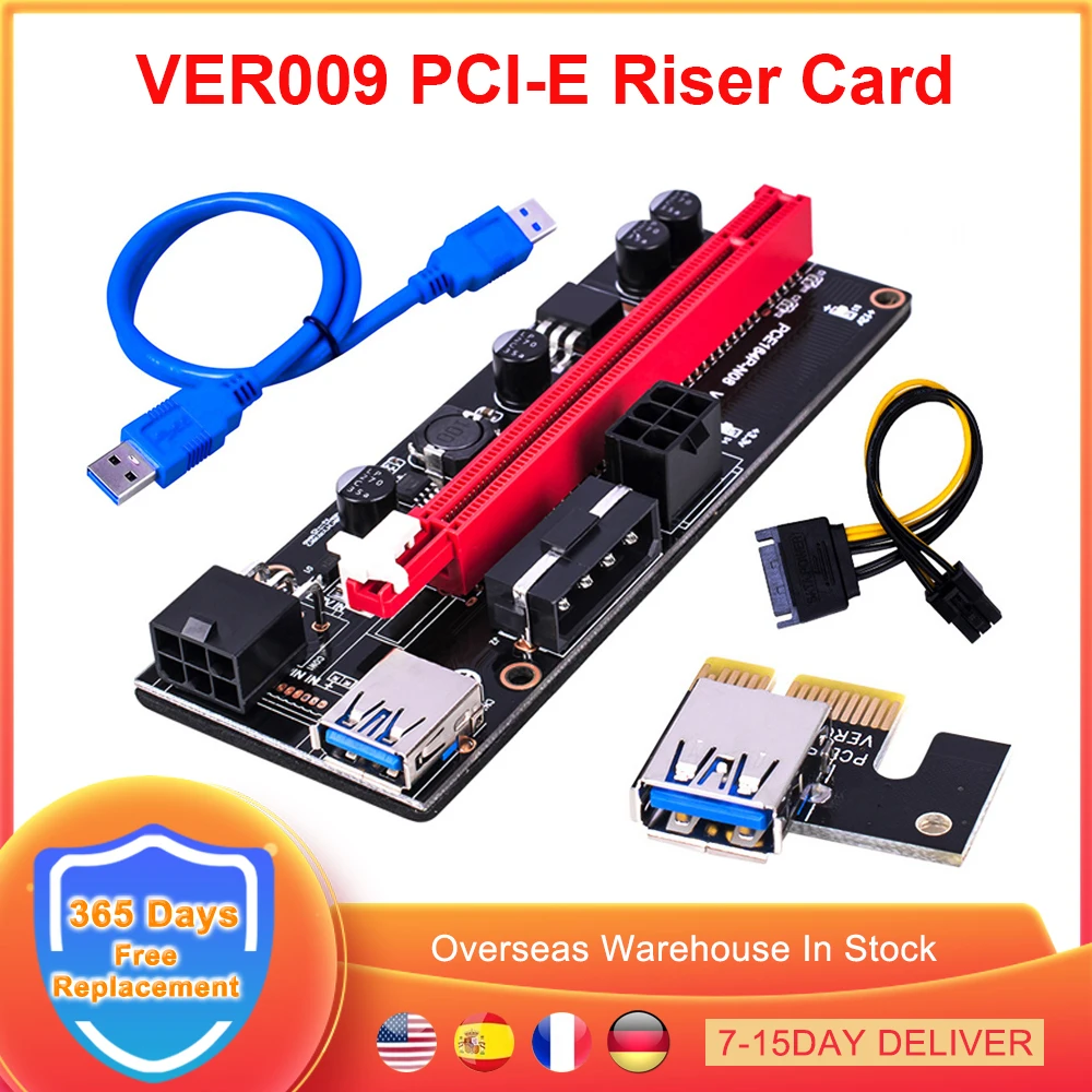 

VER009 USB 3.0 PCI-E Riser VER 009S Express 1X 4x 8x 16x Extender Riser Adapter Card BTC Mining SATA 15pin to 6pin Power Cable