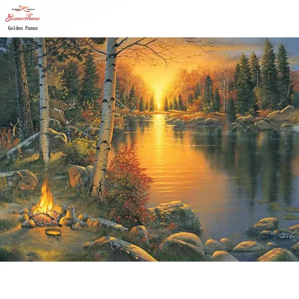 Lake Evening Diamond Painting Full Square Diamond Mosaic Diamond Embroidery Painting Rhinestones Campfire Dinner