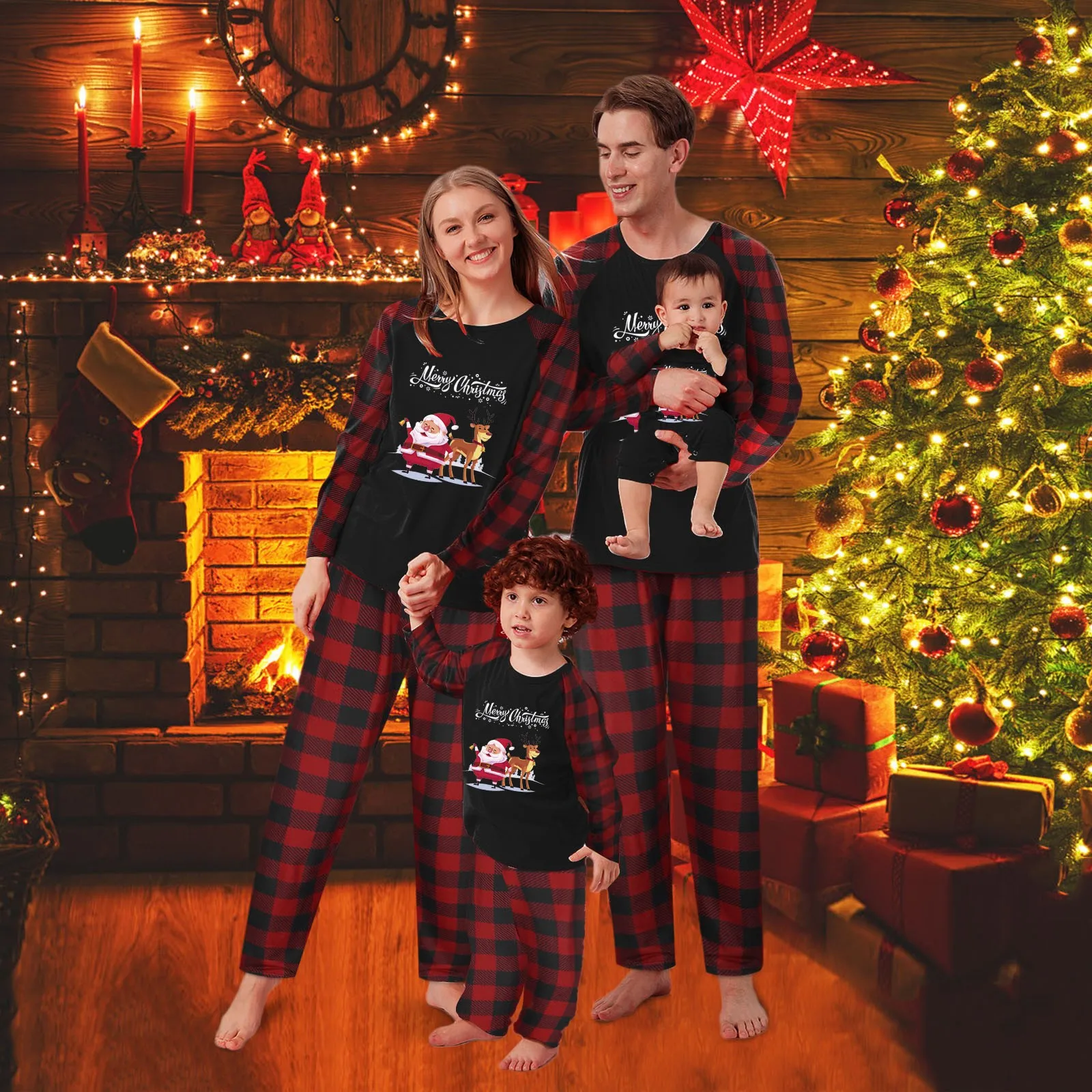 Семейная Рождественская Пижама модная клетчатая футболка с длинным рукавом и