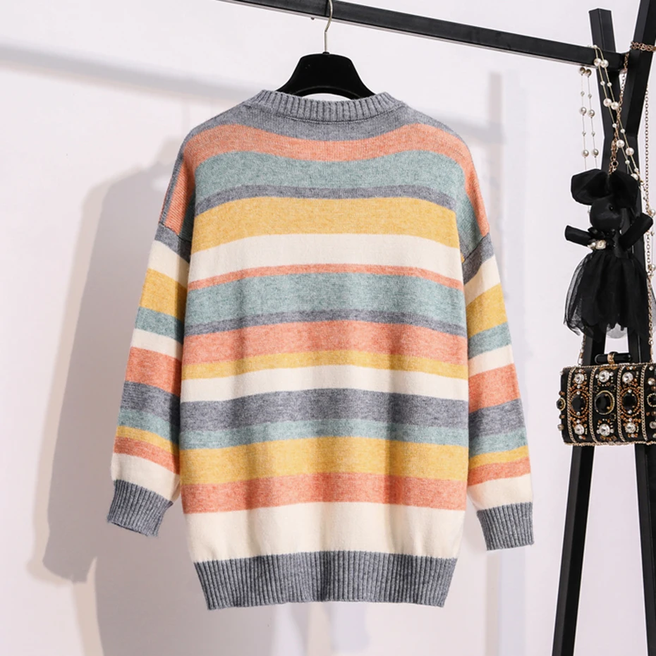 Women Winter Sweater Harajuku Rainbow Striped Pullover Female Plus Size Clothes Autumn Pulls Oversize Poncho Mujer Sueter | Женская