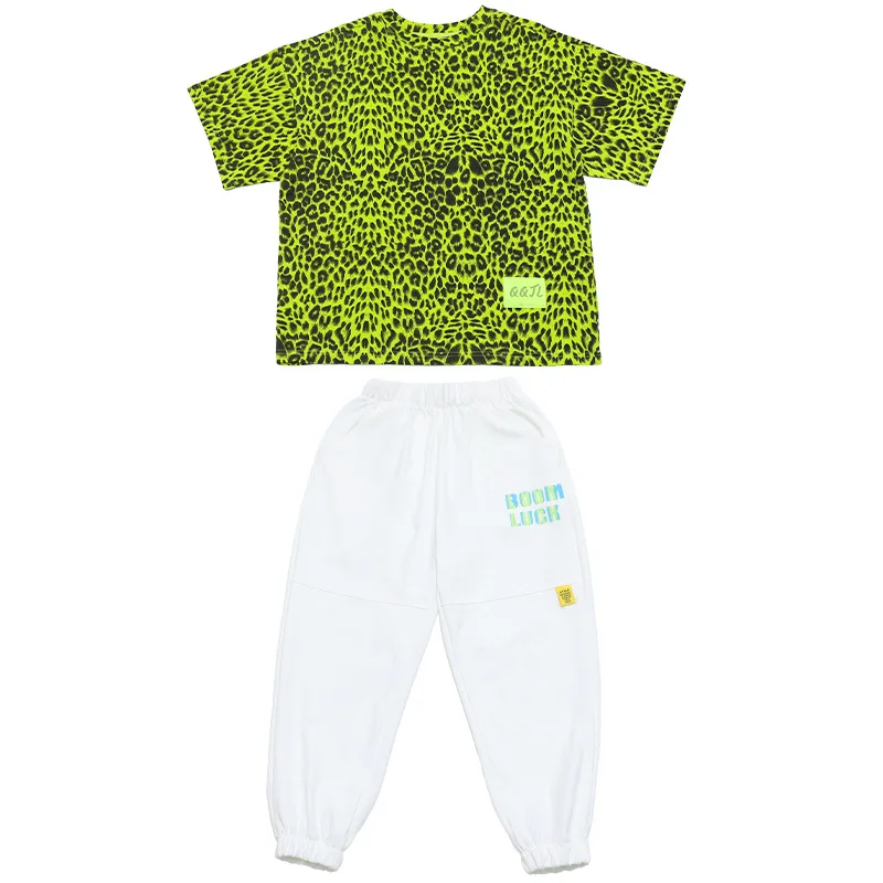 

Kids Cool Clothing Green Leopard Top Casual Pants for Boys Girls Hip Hop Clothes Kids Ballroom Streetwear Jazz Dance Set XS1191