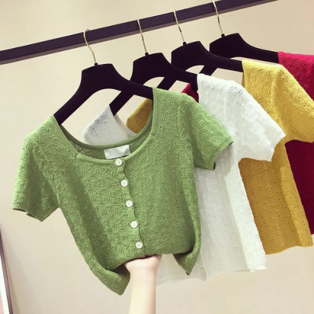 

CHAMSGEND Women's t-shirt Polyester Top women Knitted Square Collar Short Sleeve Hollow Out Solid Short Top