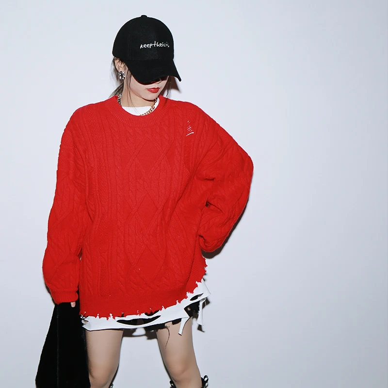

Women Soild Sweater Hole Irregular Long Women Sweaters Pullovers Gray Red Loose Oversized Winter Sweater Women 2020 Fashion