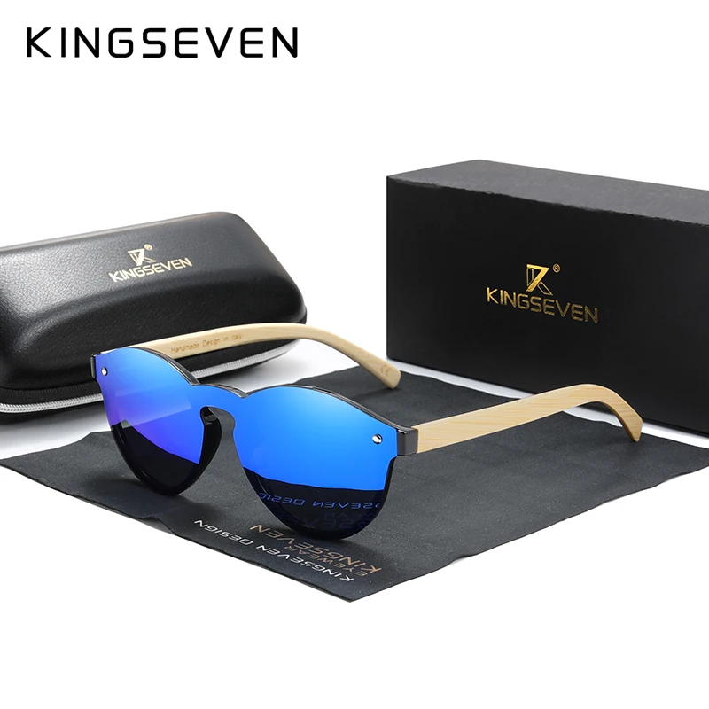 KINGSEVEN поляризованные мужские очки с логотипом под заказ из бамбука, деревянные Винтажные Солнцезащитные очки с защитой от уф400 лучей, модные женские очки - Цвет линз: Blue Bamboo