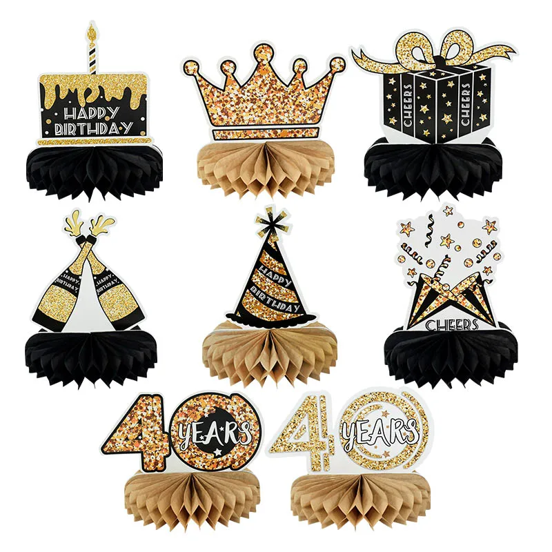 

Happy Birthday Black Gold Set Honeycomb Ball Table Ornaments 30/40/50/60th Adults Birthday Decoration Anniversary Party Decor