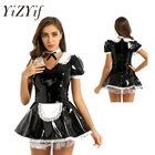 Женское сексуальное платье горничной, Клубная одежда, костюмы с коротким рукавом, лакированная кожа, кружевная отделка, нарядное платье горничной для ролевых игр с кольцом на шею