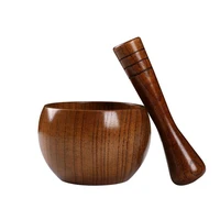 wooden grinder pounded garlic jar mortar with round smooth hand polished pestle set for grind herbs spices grains pepper