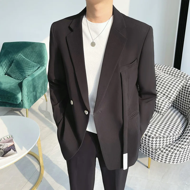 

Мужские костюмы из ткани высокого качества 2021, корейский Повседневный свободный костюм, комплект из 2 предметов, классическое офисное плать...