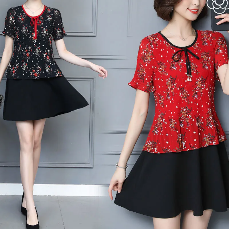 Модное летнее женское платье 2020 шифоновое Красное и черное с бантом для женщин