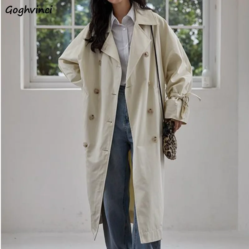 

Тренч женский двубортный в японском стиле, простой универсальный модный однотонный Повседневный свободный Тренч с отложным воротником