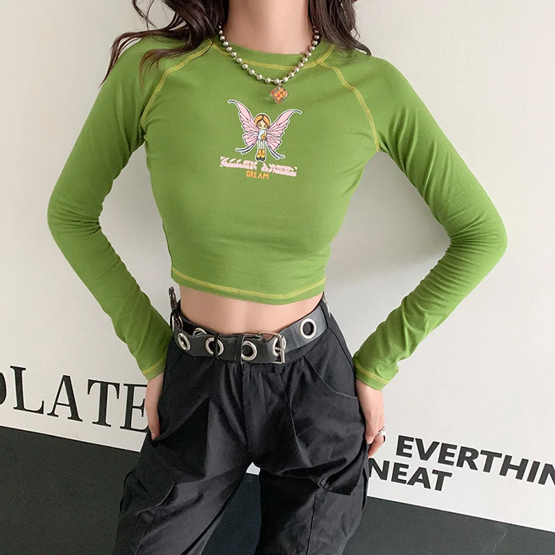 

QICIUS Long Sleeve Y2K Green Butterfly Top Autumn Tshirt Women 2021 90S Egirl Clothes Aesthetic Omighty Crop Tops Streetwear