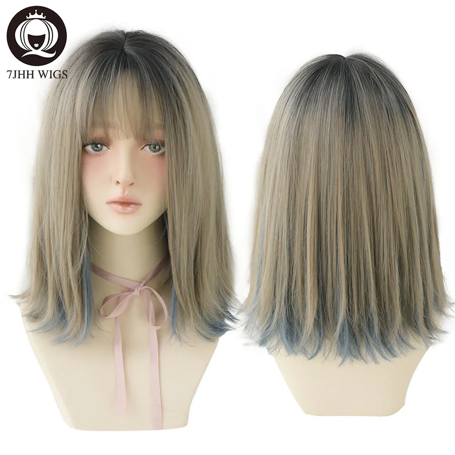 

7JHH WIGS Remy Hair With Bangs Ombre Aoki Flax Ash Blue Short Synthetic Wig For Women Noble Heat Resistant Blonde Cosplay