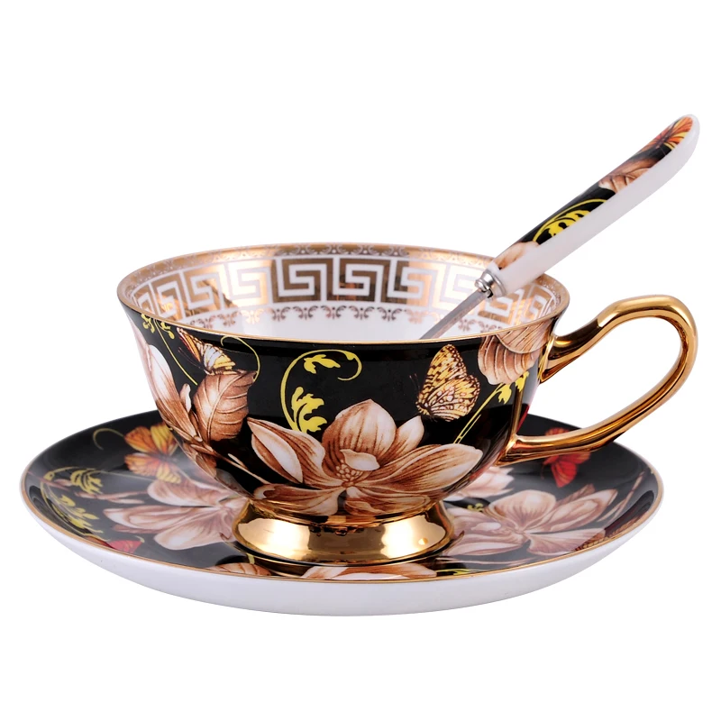 

Black Magnolia Coffee Cup and saucers European Bone China Coffee Cup Set Hand-painted gold Teacup set 220ml creative gift