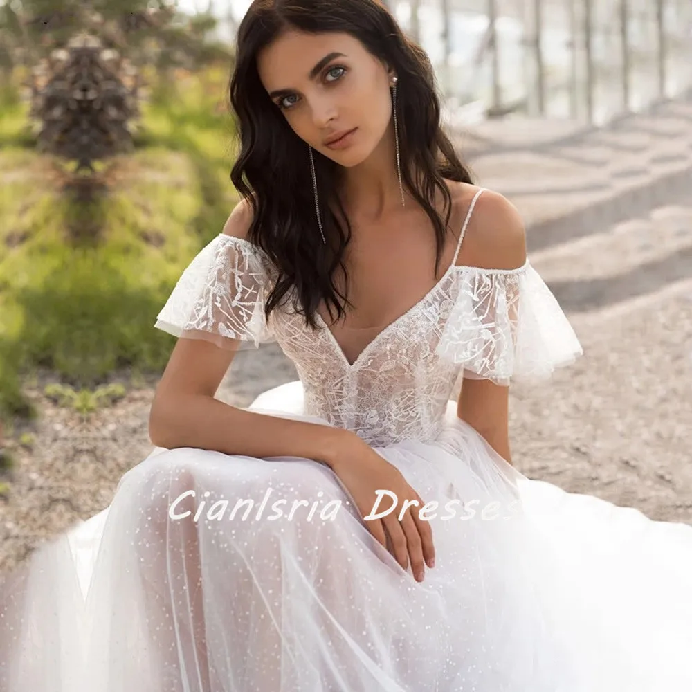 

Женское свадебное платье с коротким рукавом, кружевное платье-трапеция из тюля с блестками и V-образным вырезом