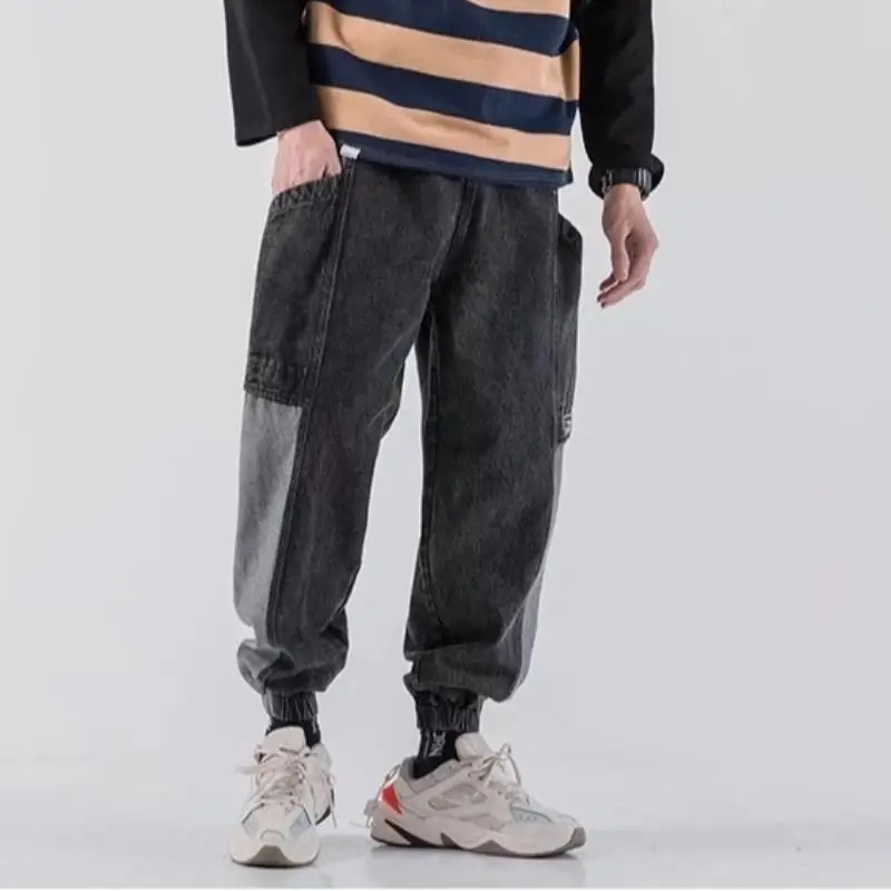 Baggy Jeans Men's Patchwork Cargo Pants Loose Denim Harem Pants Stretch Waist Ankle-length Pants Brown Patchwork Jeans Hip Hop