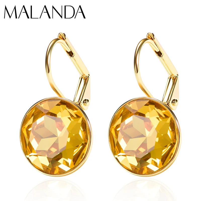 Бренд Malanda, круглые серьги-капли с желтыми кристаллами Bella, новая мода, висячие серьги для женщин, для свадебной вечеринки, элегантное ювелирное изделие, подарок
