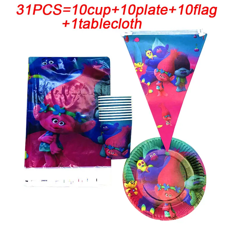 

Trolls 2 Party Cup Plate Tablecloth Trolls Birthday Party Decoration Banner Flags Baby Shower Party Supplies Set For 10 Person