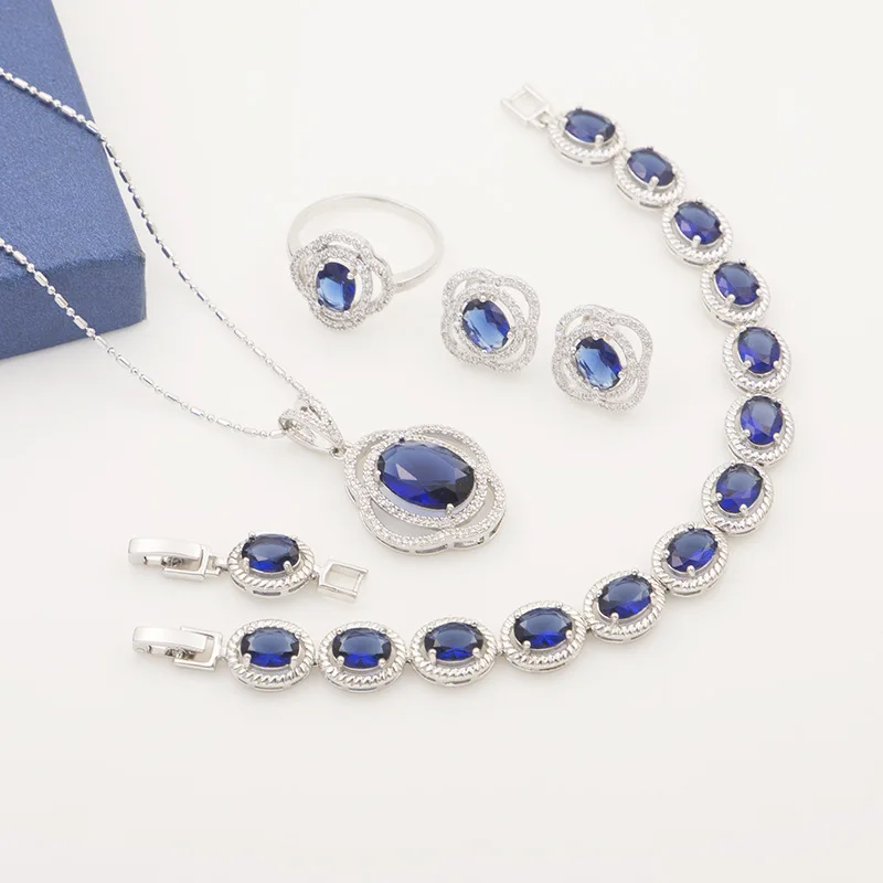 

Luxury 925 Silver Jewelry Set Rings Earrings Necklace Bracelet Oval Sapphire Zircon Gemstone Accessories for Women Wedding Party