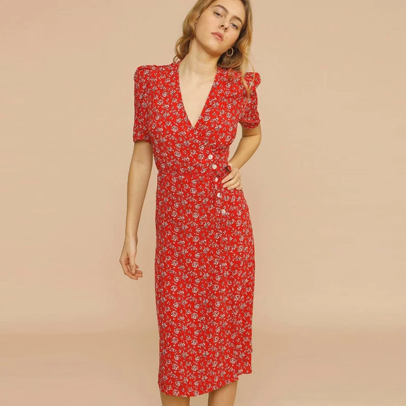 

Red Print Midi Dress Women Elegant Cross V-neck Puff Sleeve Side buttons Slim A-line Party Dress Vintage Summer Dress Holiday