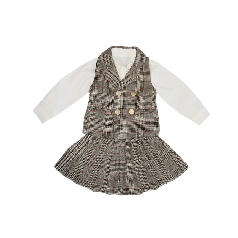 Одежда для детей комплект девочек детский Блейзер жилет + клетчатые юбки детская