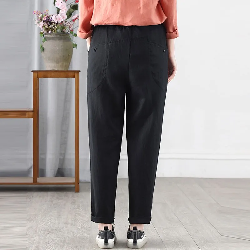 

Women Cotton Linen Casual Harem Pants New Arrival 2021 Spring Vintage Style Elastic Waist Loose Female Ankle-length Pants S3555