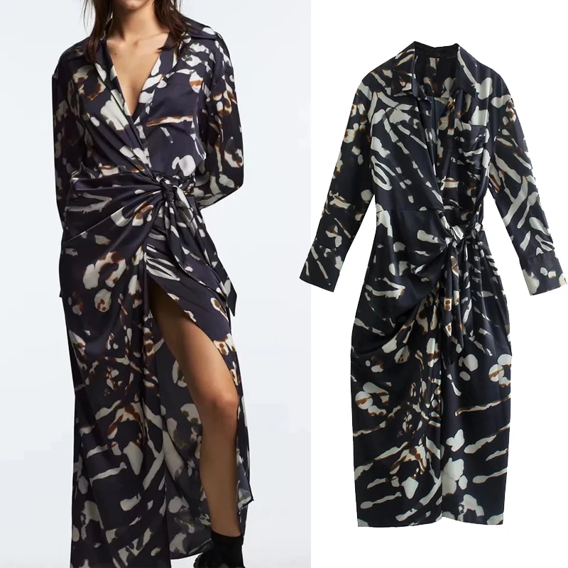 

Платье-рубашка YMQL Za 2021, женские черные длинные платья с принтом для женщин, винтажное платье-миди с длинным рукавом, Осенние вечерние платья