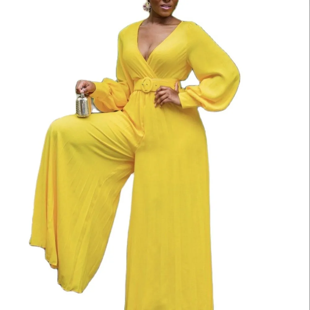 

Sexy V-neck jumpsuit ladies long-sleeved collocation belt pleated wide-leg jumpsuit spring
