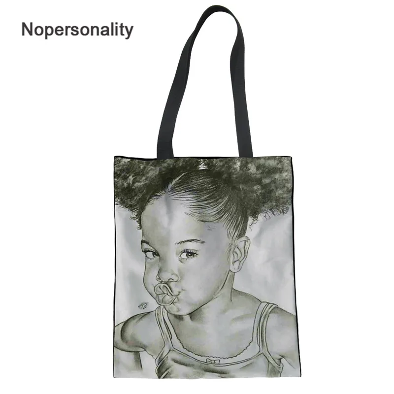 

Nopersonality Foldable Women Canvas Shopping Bag Black Princess African Beach Shoulder Handbag Large Tote Bag Shopping Bag