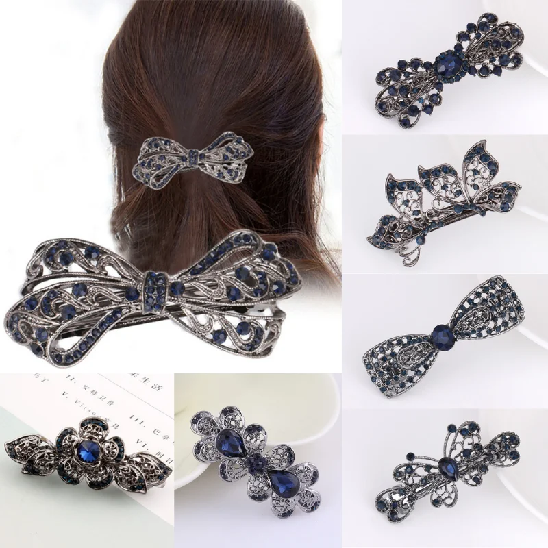 

MISANANRYNE Vintage Retro Navy Crystal Bow Hair Clip Rhinestone Hair Barrette Hairpin For Ladies Women Girls Hair Accessories