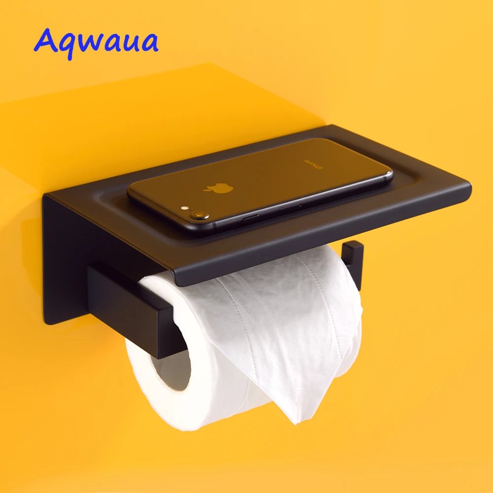 Черный держатель для туалетной бумаги Aqwaua настенный с полкой сотового телефона